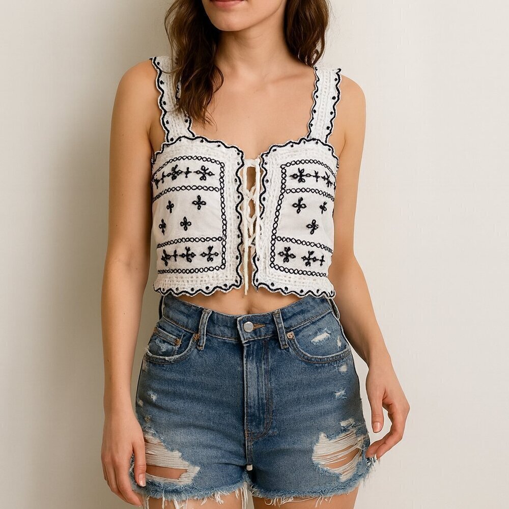 White Black Embroidered Tie Front Crop Tank Top Boho Western Cottagecore Festiva